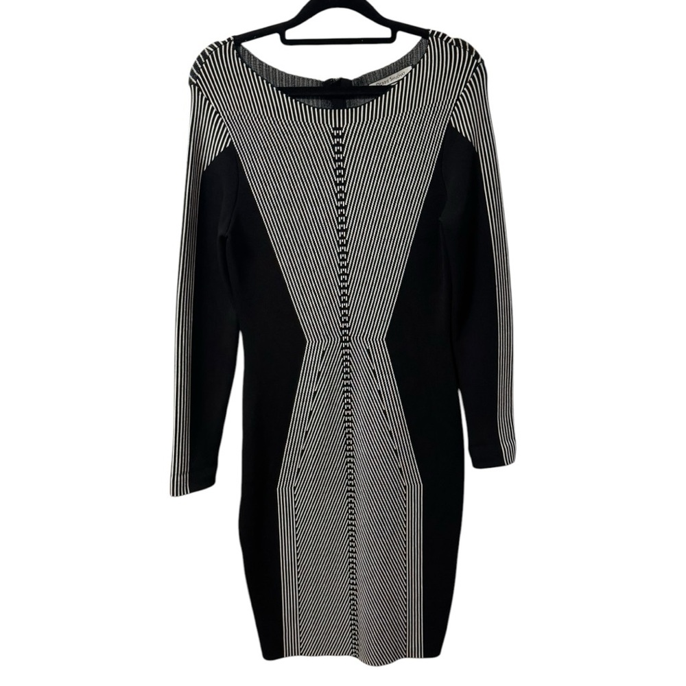 Debbie Shuchat Sheath Dress Bodycon Black White Cocktail Dress Long Sleeve M
